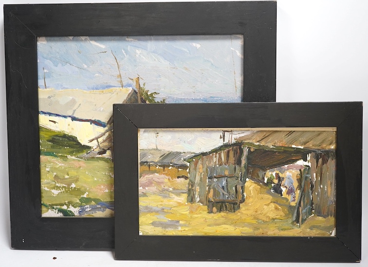 Ukrainian school, two oils on board, Rural landscapes, details verso, including ‘Basiel Mazur (Vasiliy Fyodorovich)’, largest 22.5 x 25cm. Condition - good